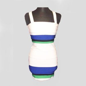 WOW COUTURE White w/Blue/Green/Black  Stripe Bandage Bodycon Dress Sz L